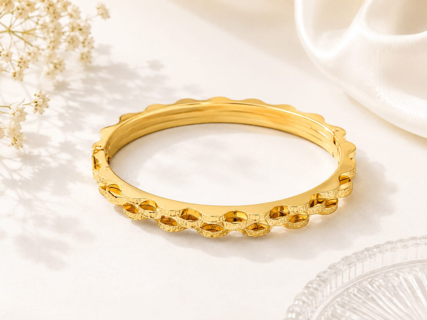 Modern Architectural Wavy Rim Gold Plated Statement Bracelet - Image 3