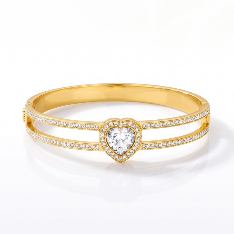 Romantic Love-Heart Halo Solitaire Diamond Split Bangle Bracelet