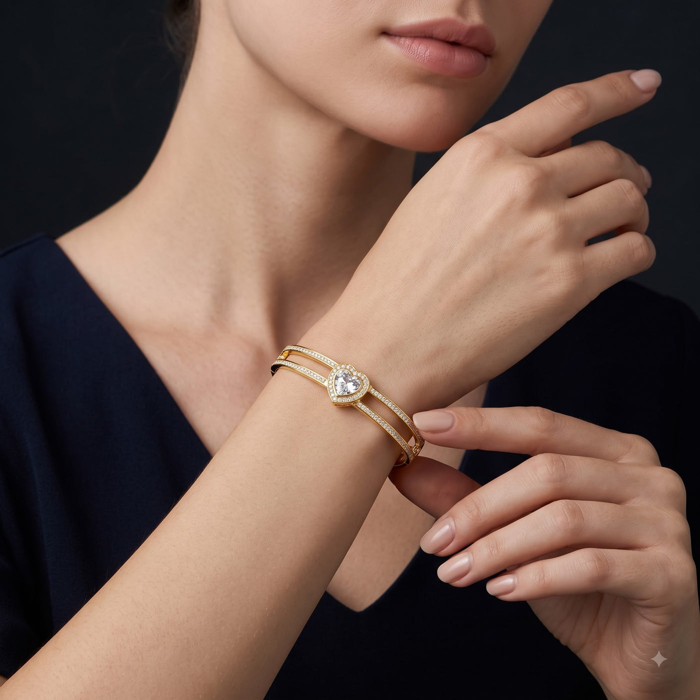 Romantic Love-Heart Halo Solitaire Diamond Split Bangle Bracelet - Image 2