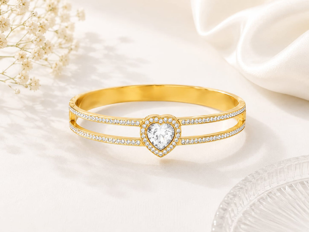 Romantic Love-Heart Halo Solitaire Diamond Split Bangle Bracelet - Image 3