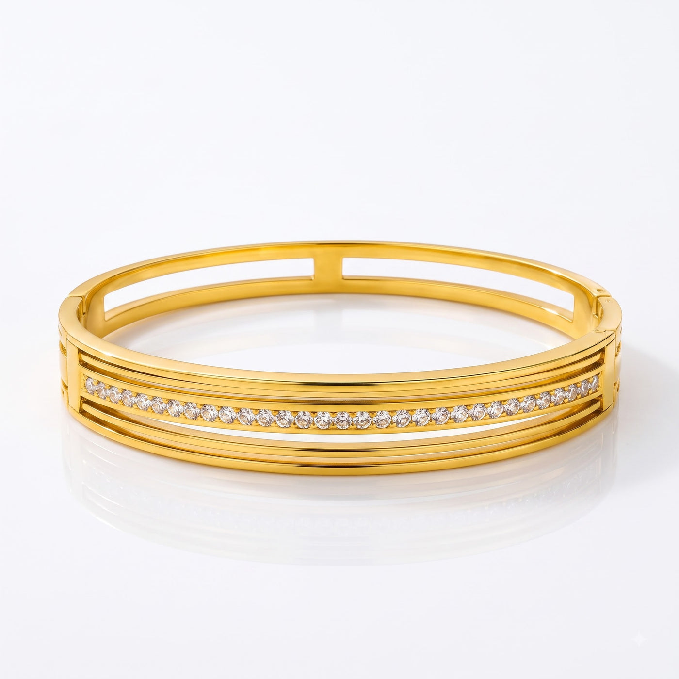 Modern Architectural Gold & Diamond Strip Hinged Bracelet