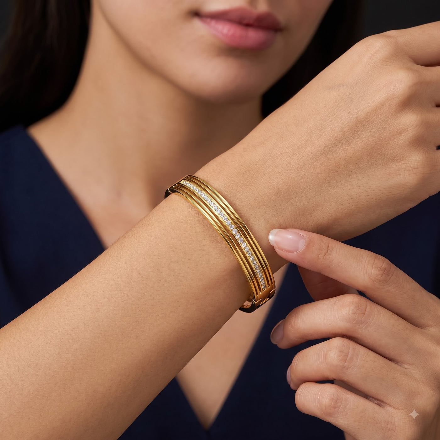 Modern Architectural Gold & Diamond Strip Hinged Bracelet - Image 2