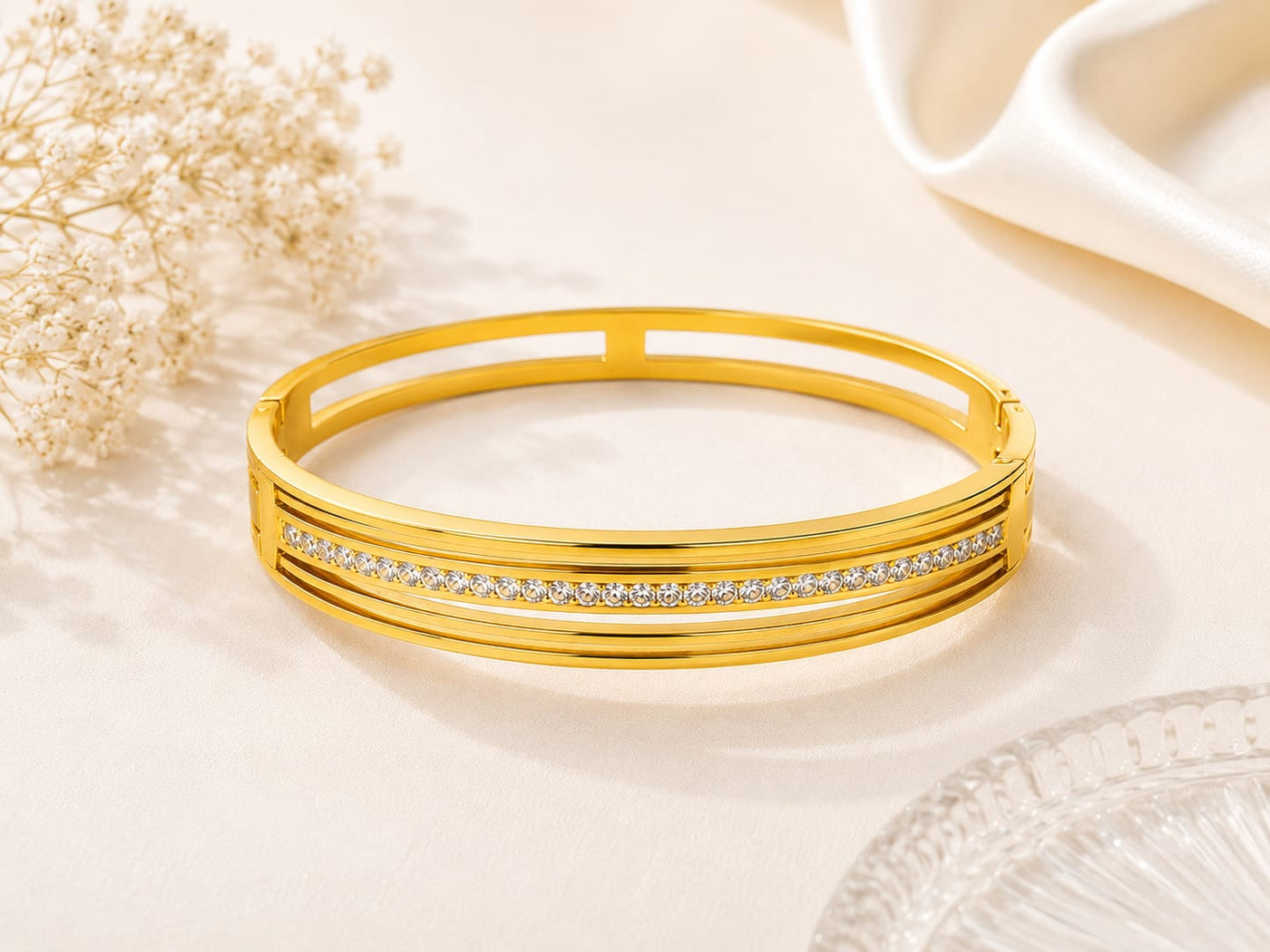 Modern Architectural Gold & Diamond Strip Hinged Bracelet - Image 3