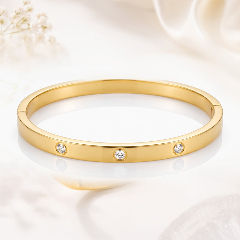 Classic Screw-Motif Style 3-Stone Bezel Gold Oval Bracelet