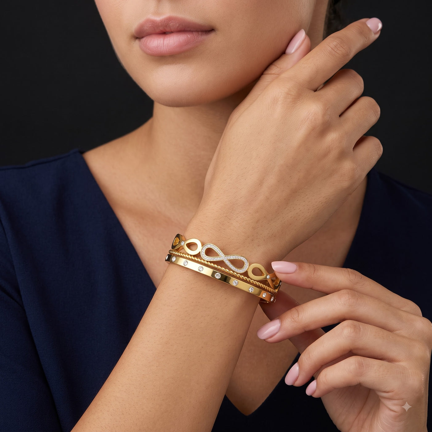 Gold Plated Multi-Stack Infinity Link & Braided Rope Bangle Bracelet - Image 2