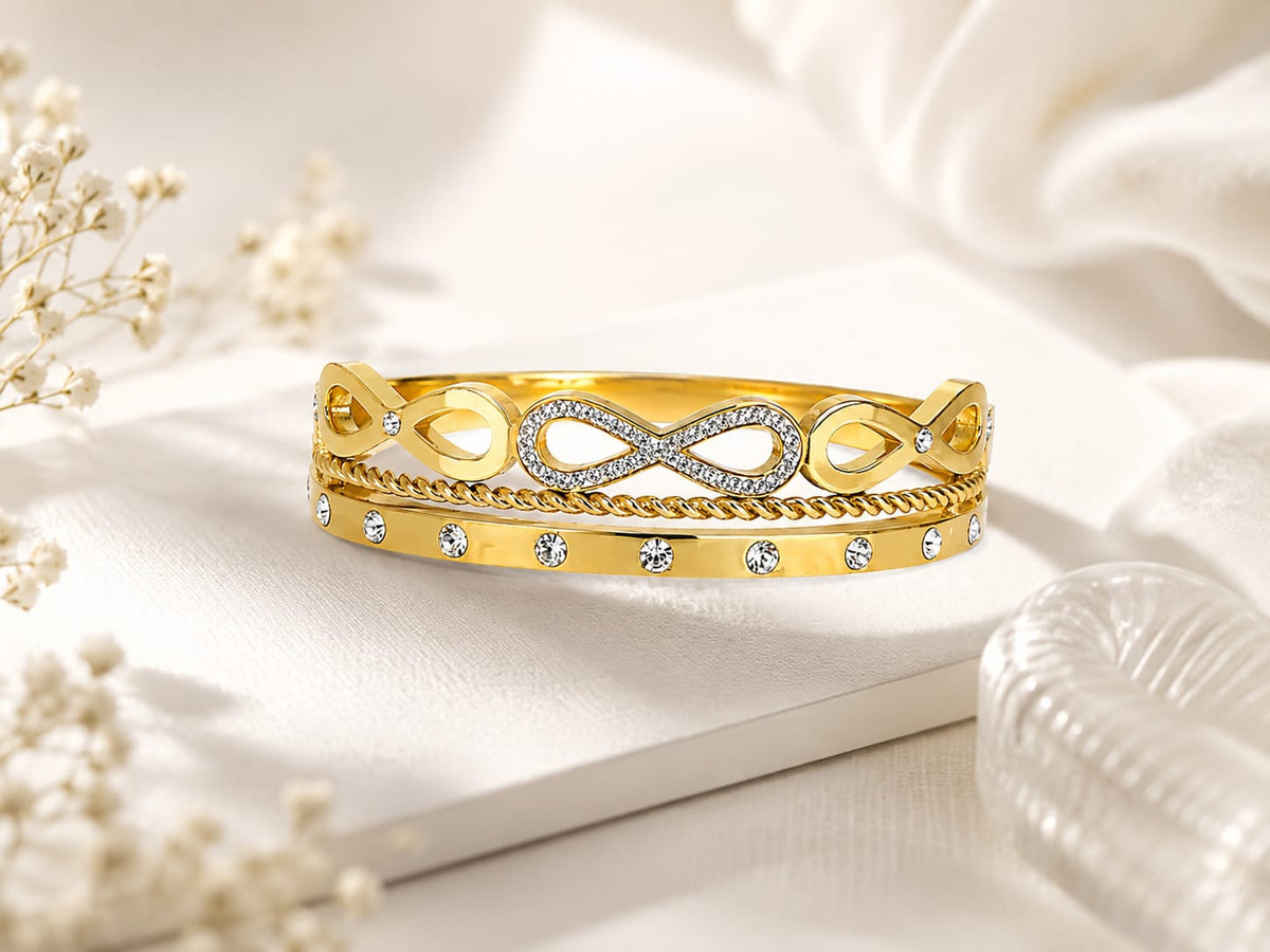 Gold Plated Multi-Stack Infinity Link & Braided Rope Bangle Bracelet - Image 3