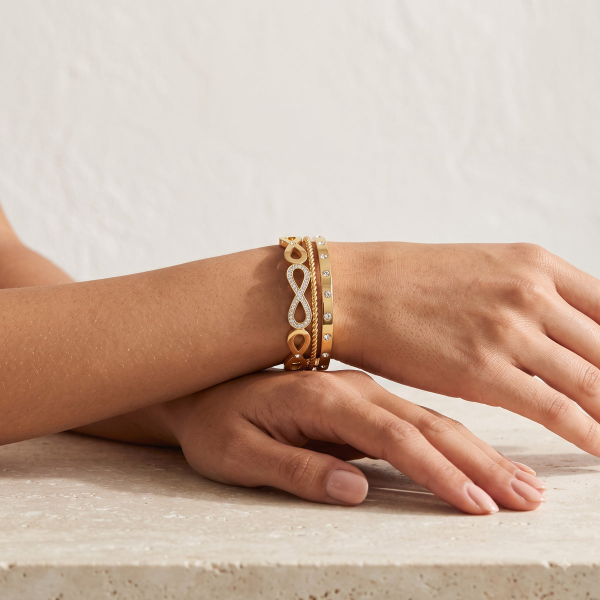 Gold Plated Multi-Stack Infinity Link & Braided Rope Bangle Bracelet - Image 4