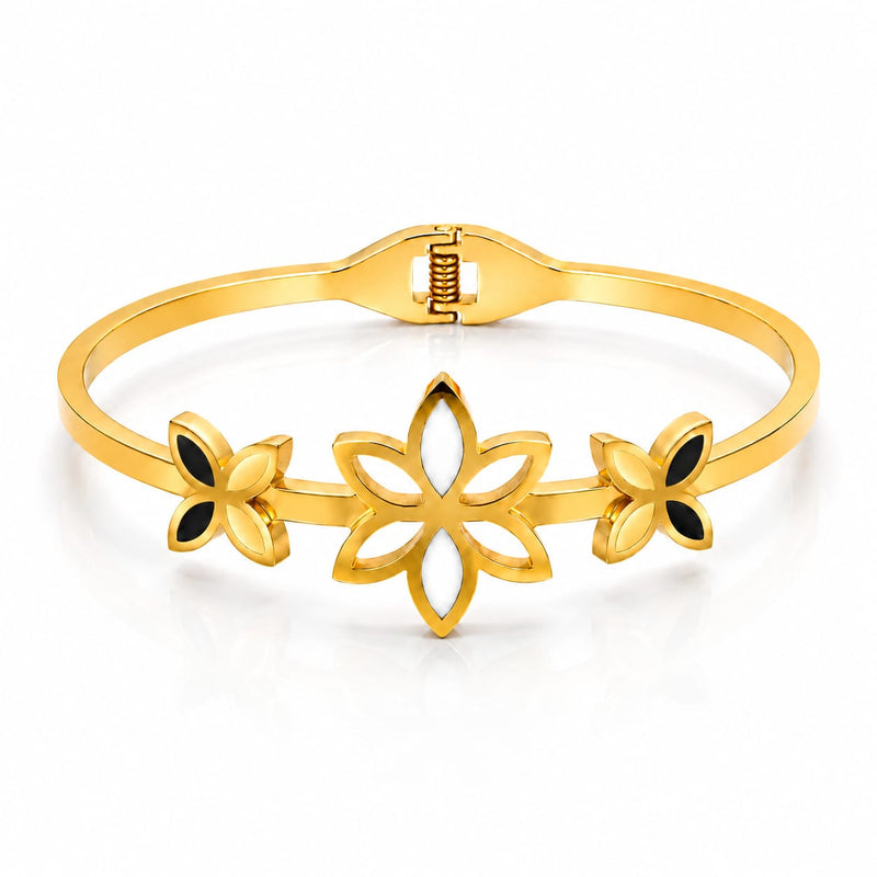 Golden Trio Blossom Floral Hinged Bangle Bracelet
