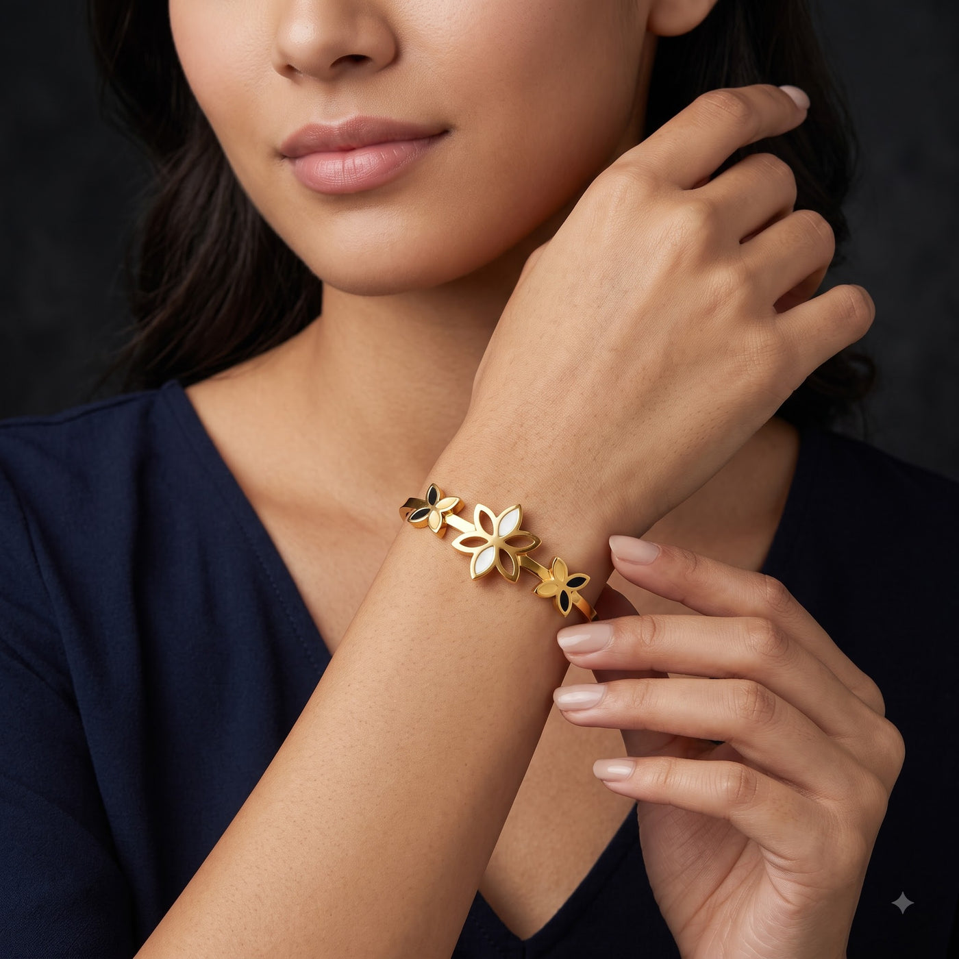 Golden Trio Blossom Floral Hinged Bangle Bracelet - Image 2