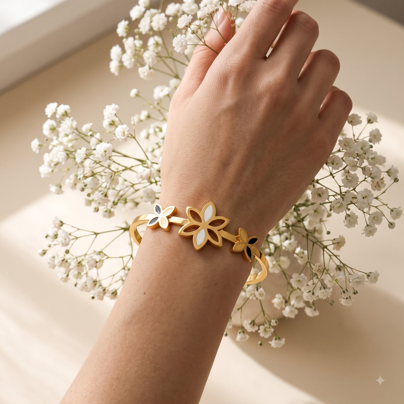 Golden Trio Blossom Floral Hinged Bangle Bracelet - Image 3