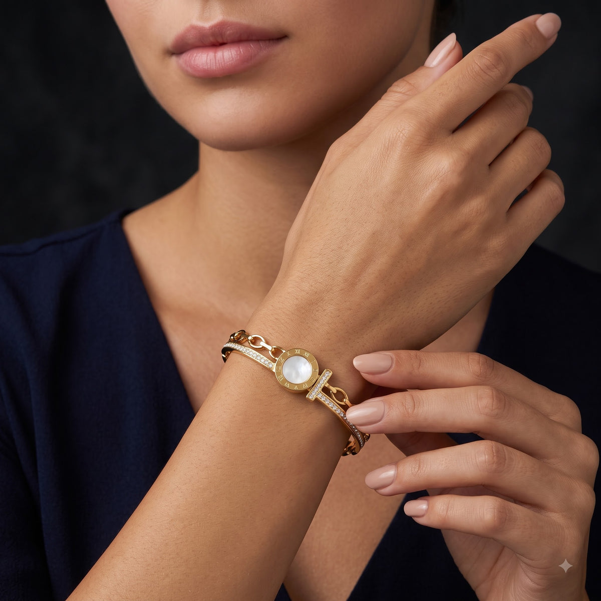 Roman Numeral Pearl Medallion Dual-Band Golden Bracelet - Image 4