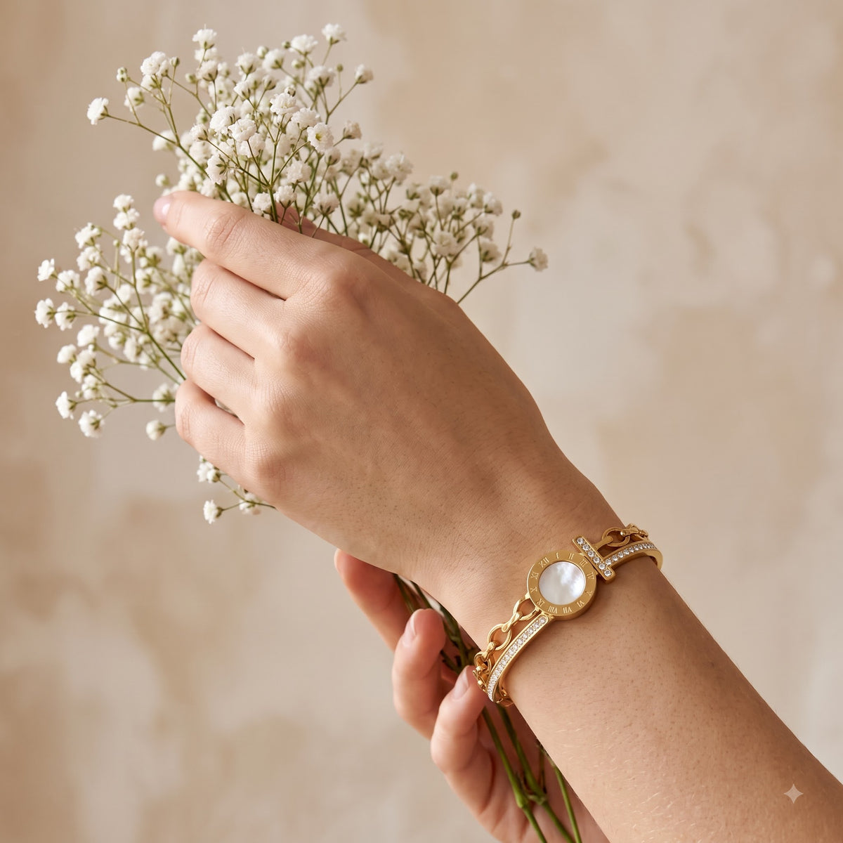 Roman Numeral Pearl Medallion Dual-Band Golden Bracelet - Image 5