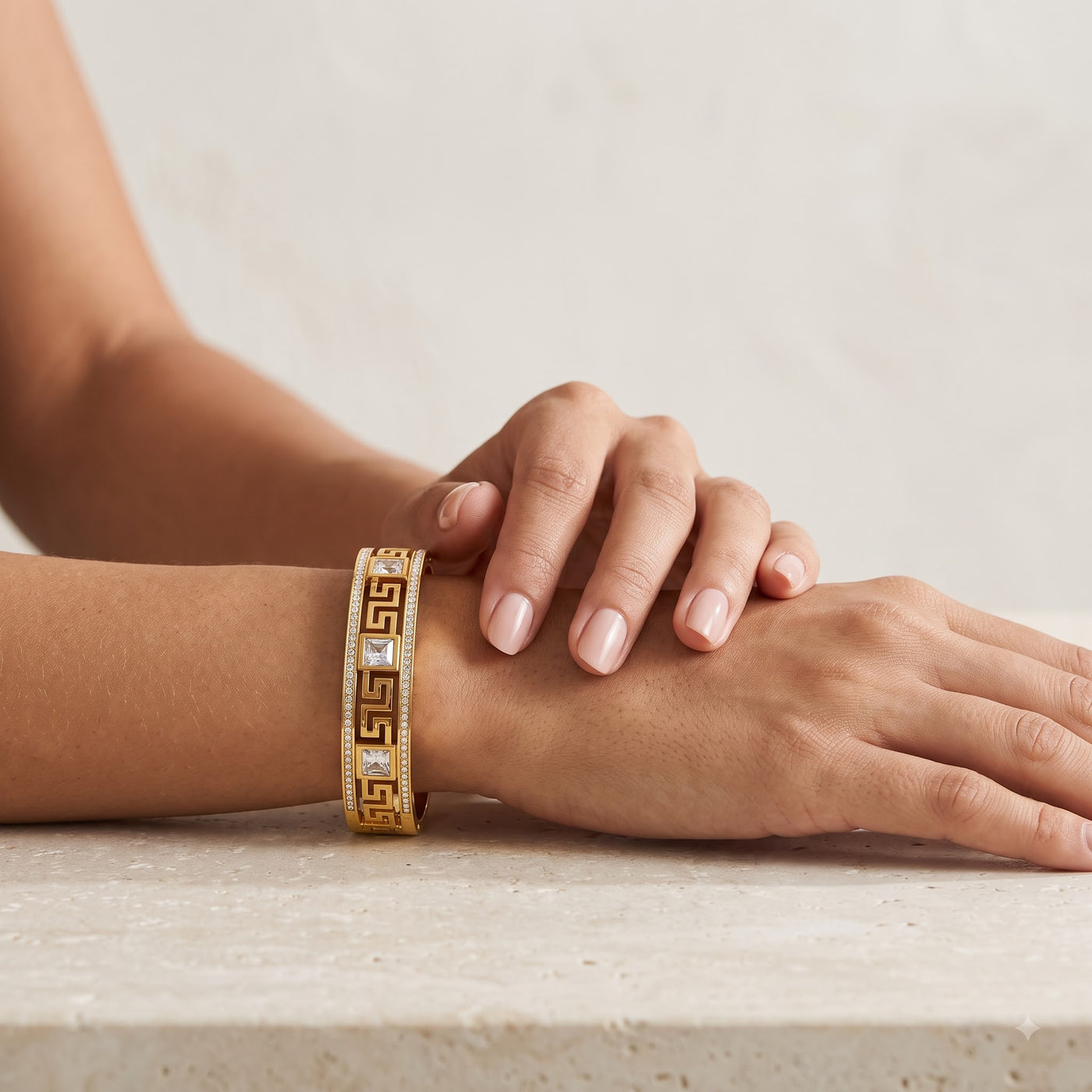 Greek Key Cutout Golden Bangle Bracelet - Image 2