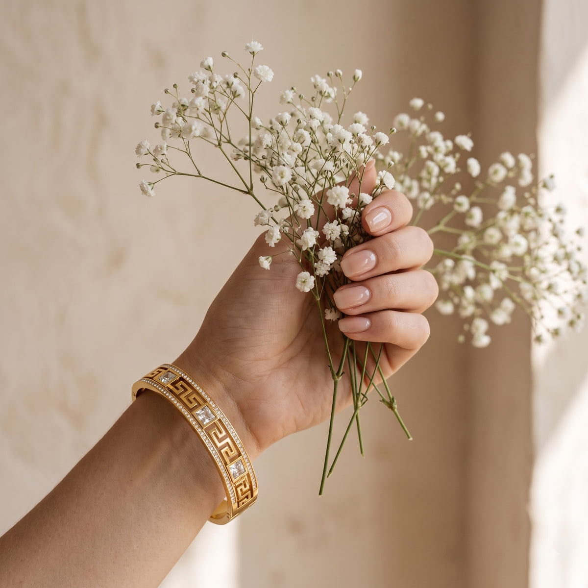 Greek Key Cutout Golden Bangle Bracelet - Image 3