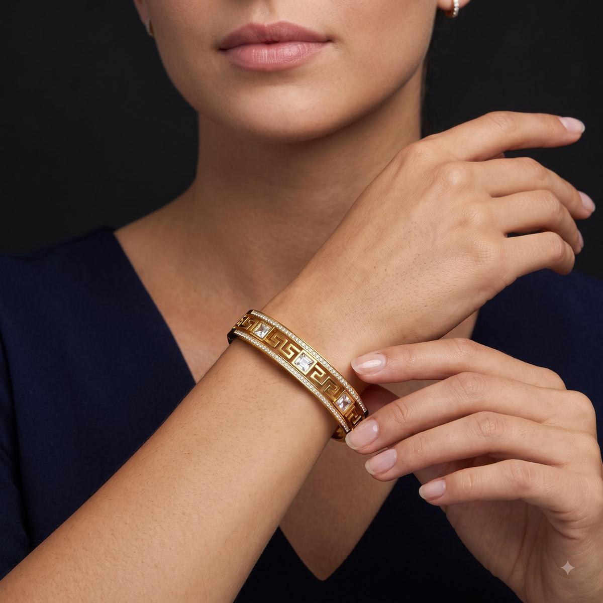 Greek Key Cutout Golden Bangle Bracelet - Image 4