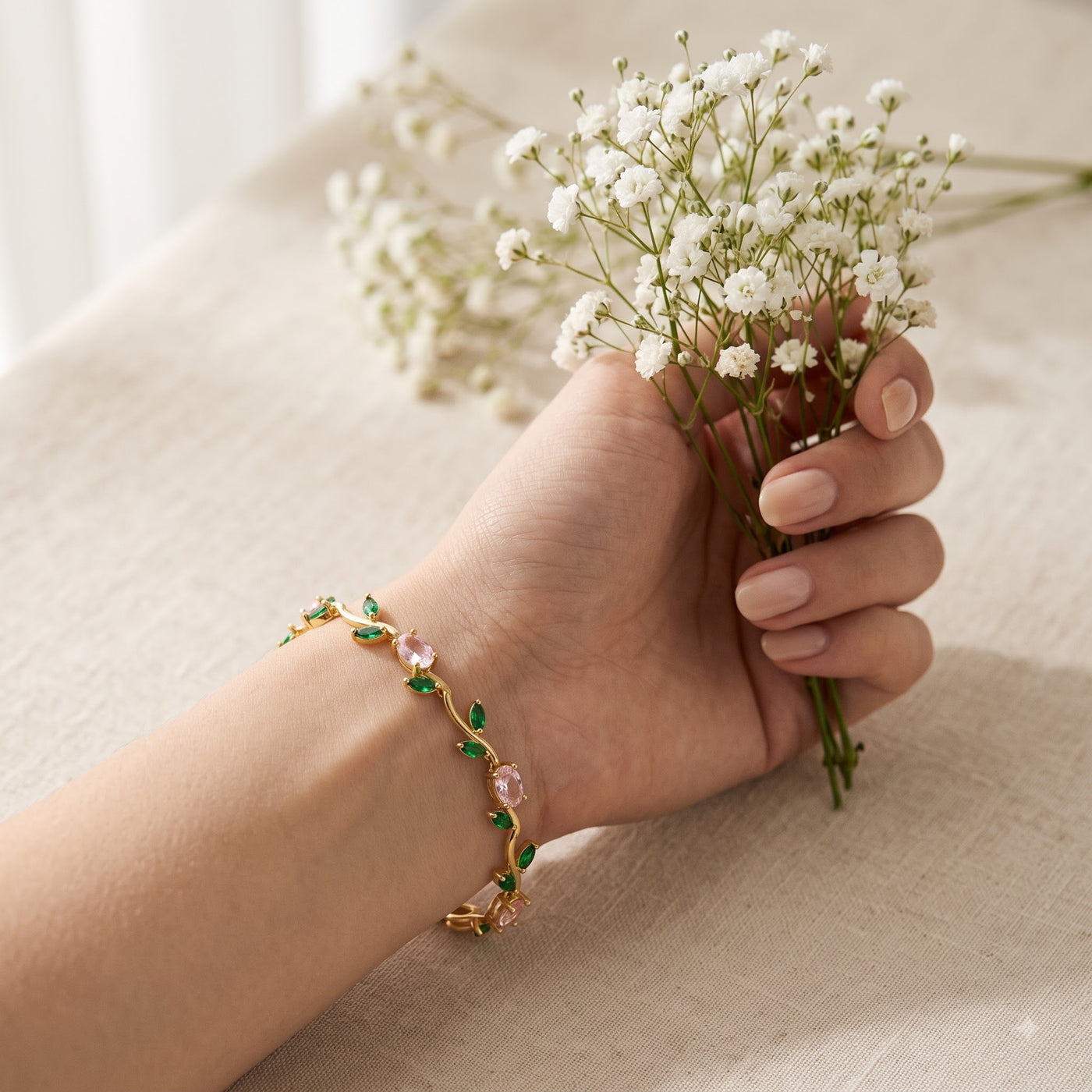 Pink & Emerald Leaf Vine Bracelet - Image 3