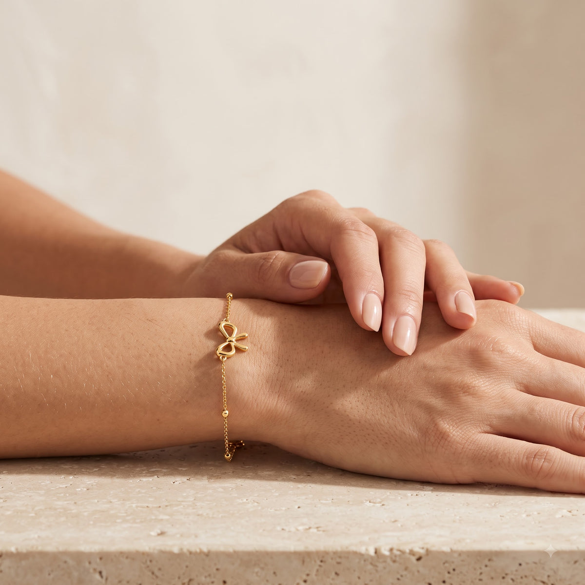Dainty Golden Ribbon Bow Satellite Beaded Chain Bracelet - Image 2