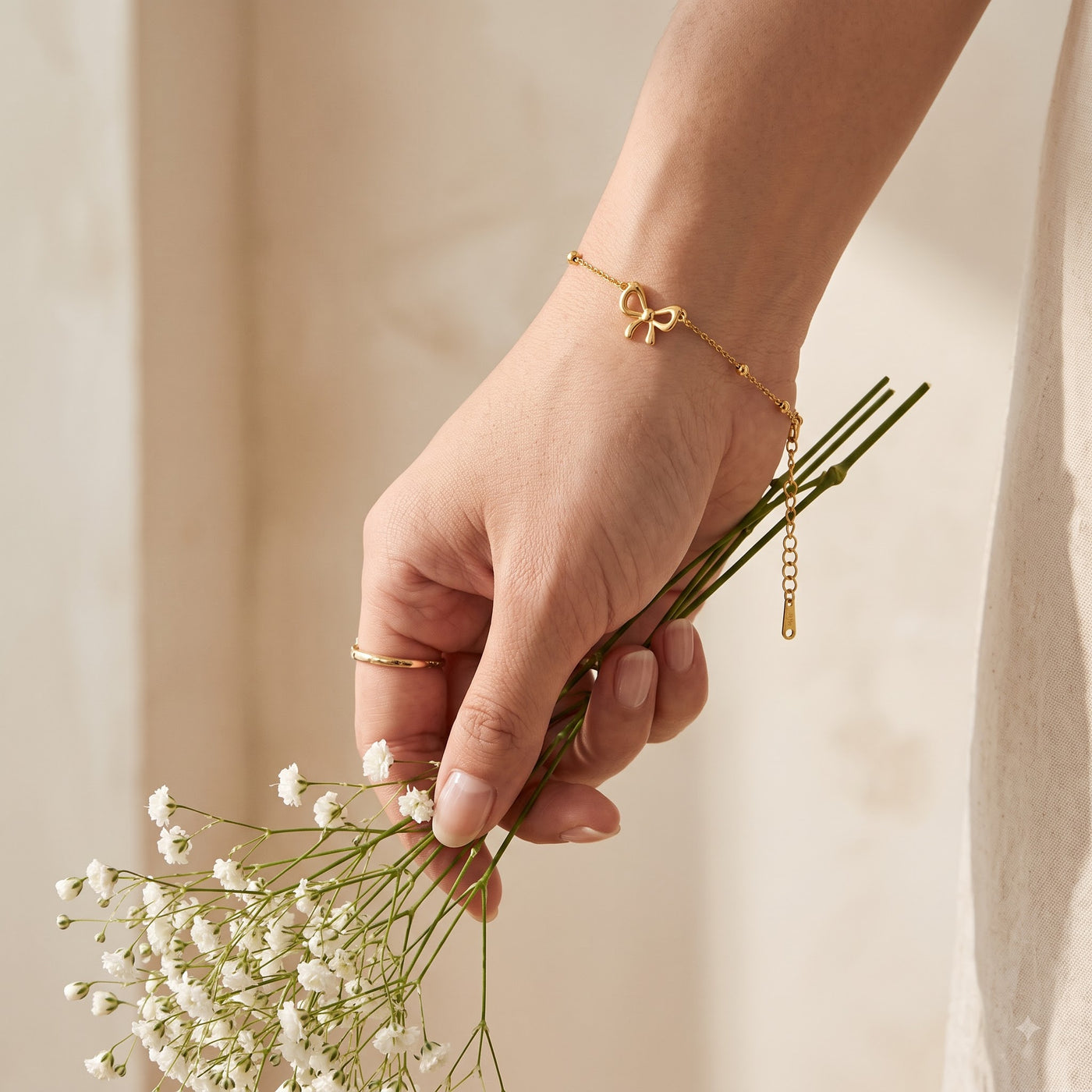 Dainty Golden Ribbon Bow Satellite Beaded Chain Bracelet - Image 3