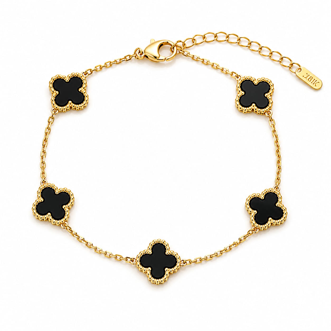 Five-Motif Black Onyx Lucky Clover Station Bracelet in Golden Finish