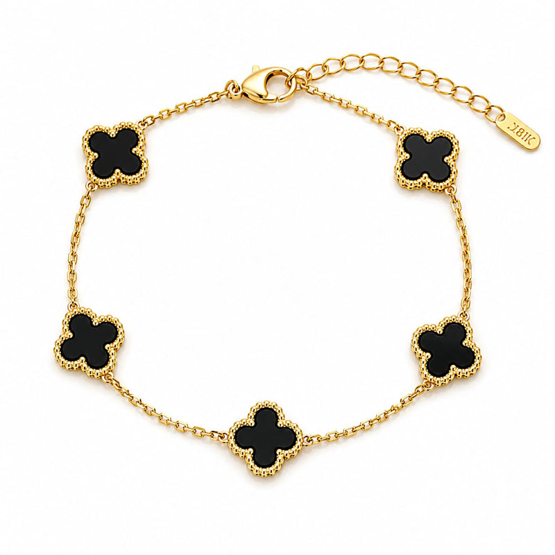 Five-Motif Black Onyx Lucky Clover Station Bracelet in Golden Finish
