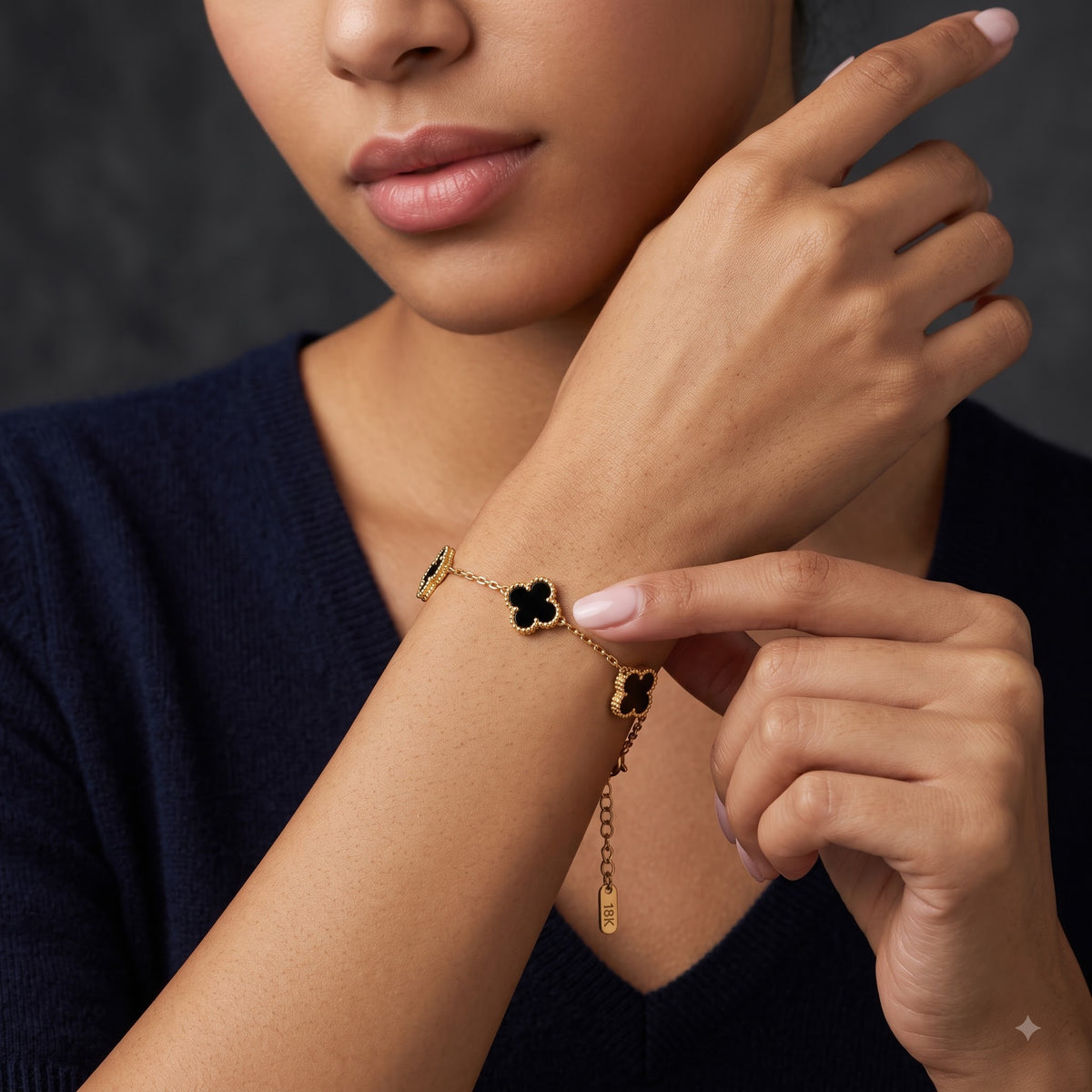 Five-Motif Black Onyx Lucky Clover Station Bracelet in Golden Finish - Image 2