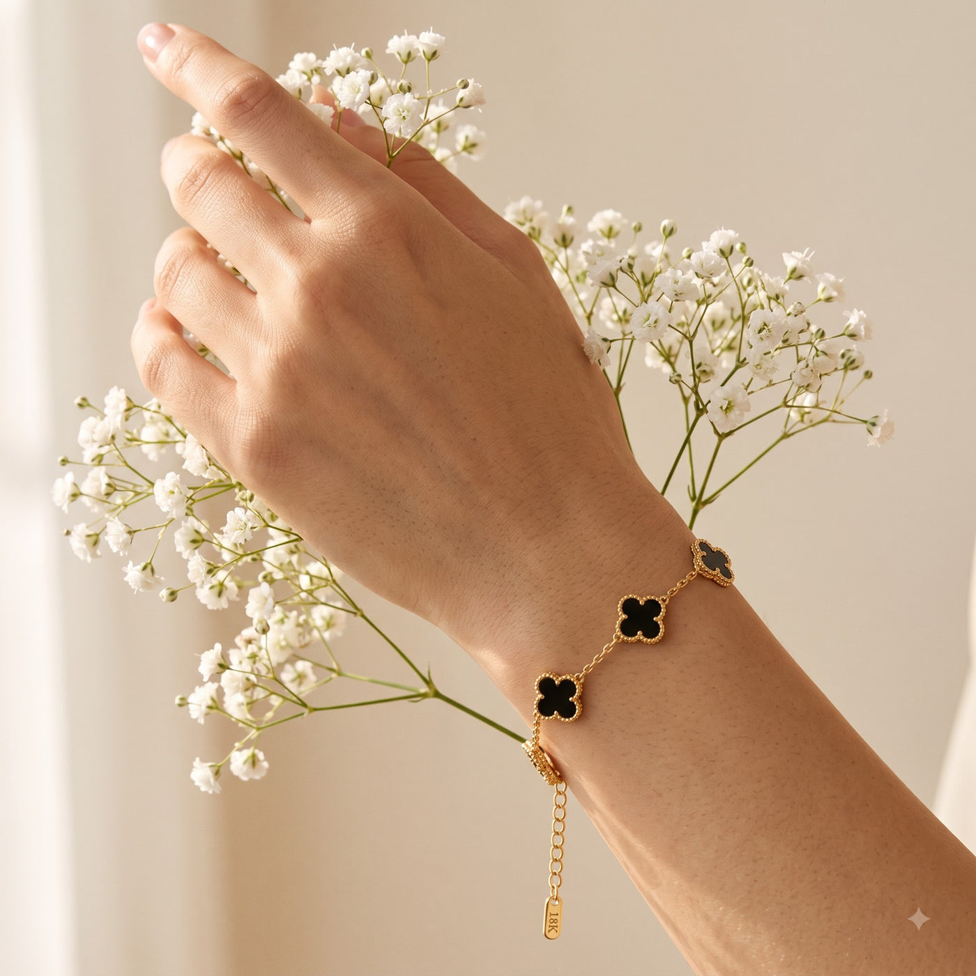 Five-Motif Black Onyx Lucky Clover Station Bracelet in Golden Finish - Image 3