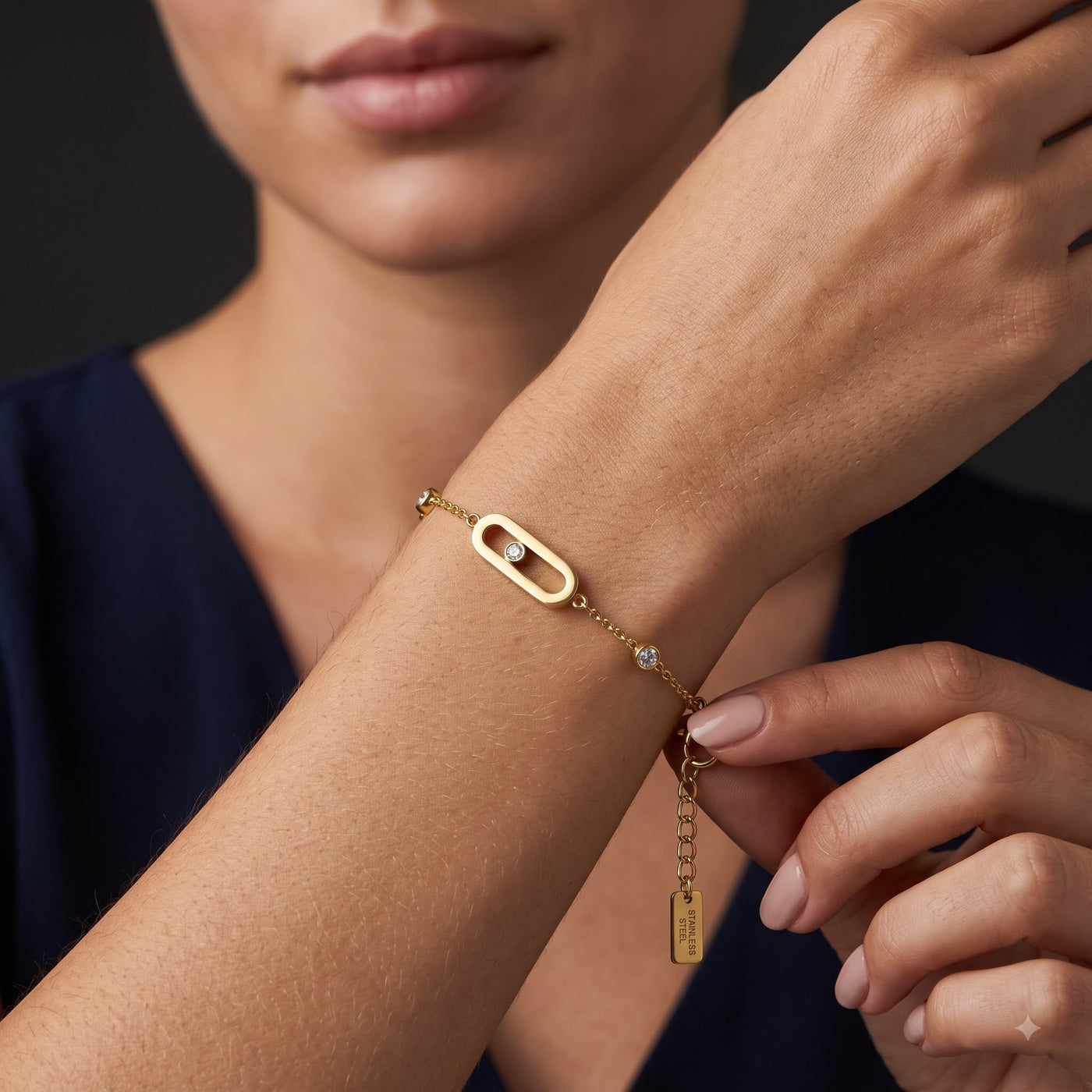 Minimalist Golden Move Oval Frame Floating Crystal Station Bracelet - Image 4