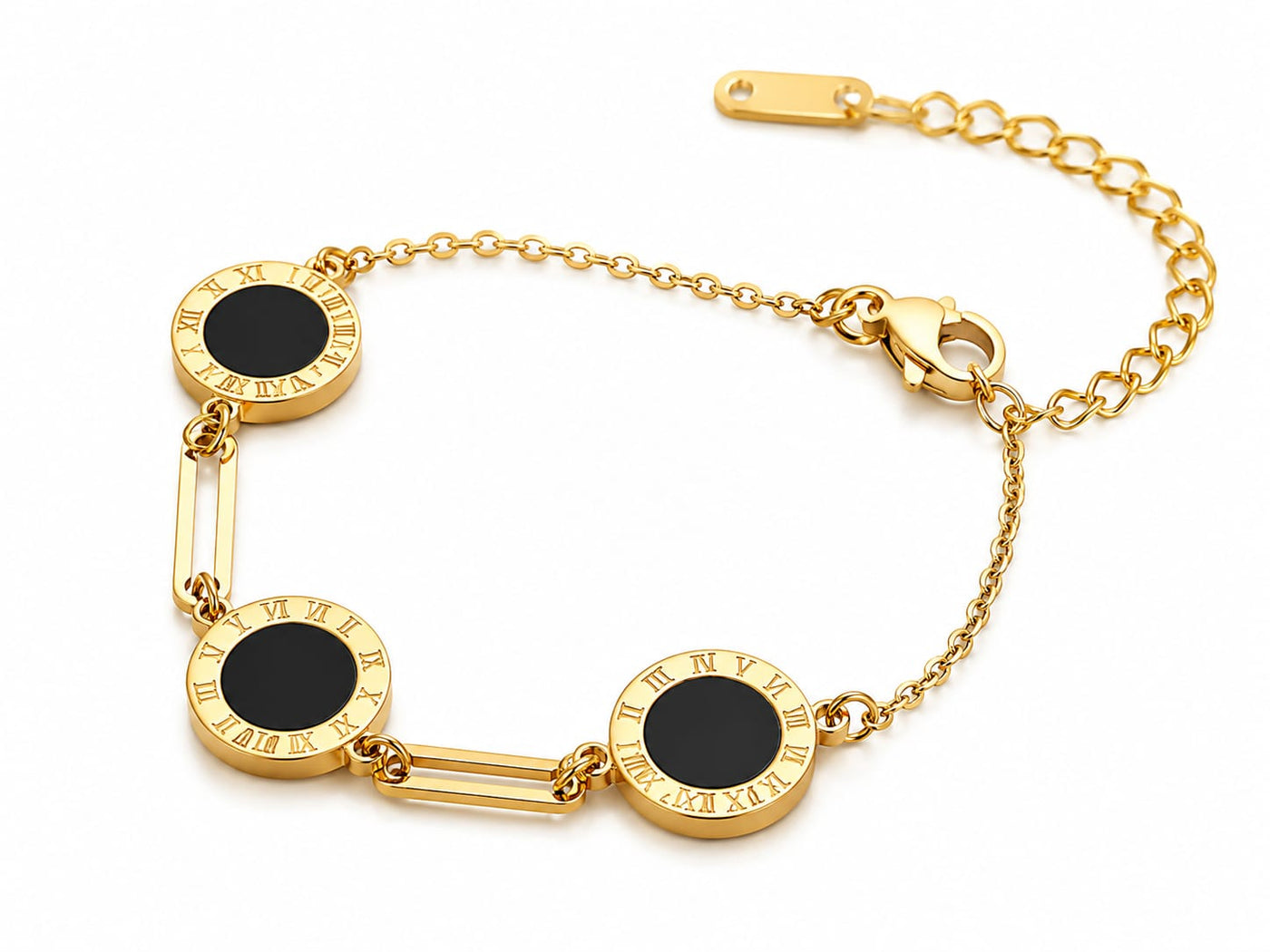 Roman Numeral Medallion Triple Station Golden Bracelet with Paperclip Links