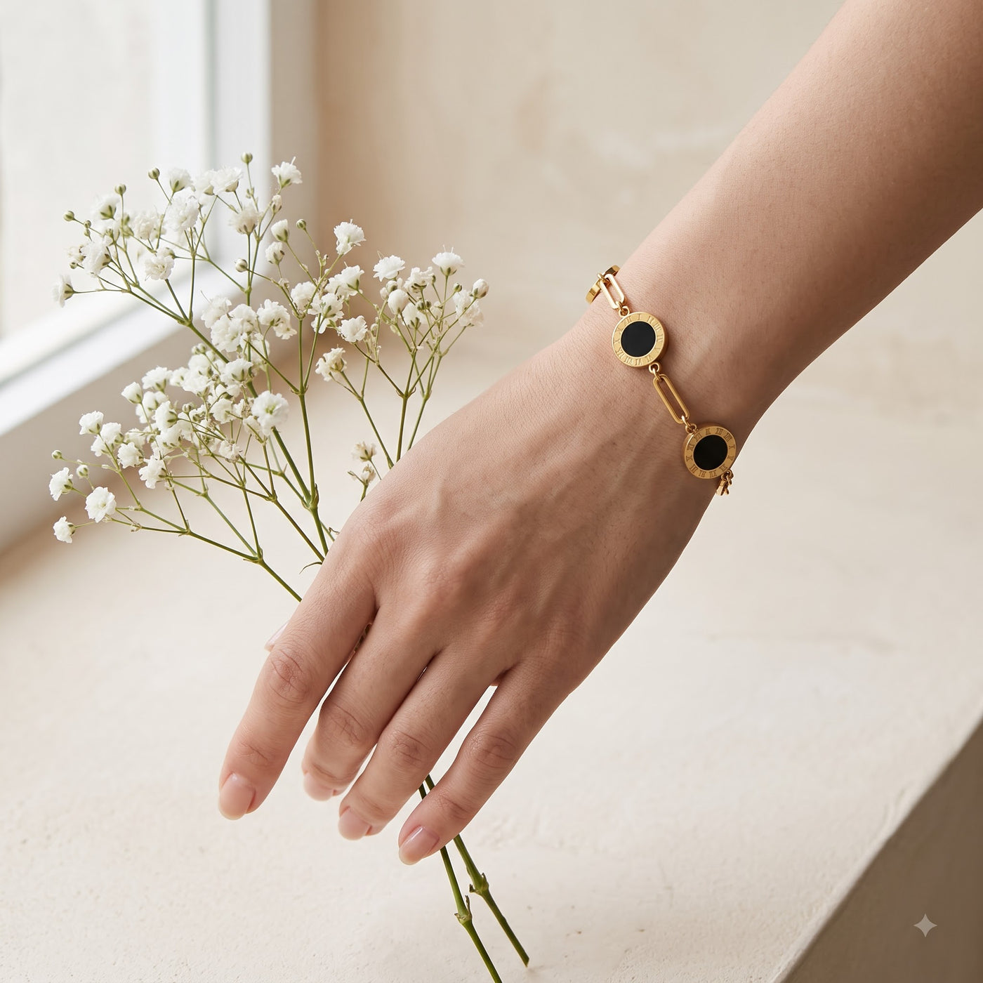 Roman Numeral Medallion Triple Station Golden Bracelet with Paperclip Links - Image 3