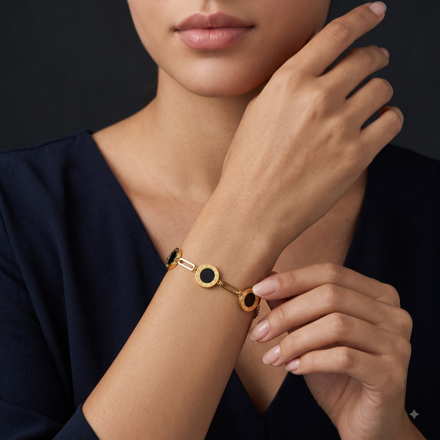 Roman Numeral Medallion Triple Station Golden Bracelet with Paperclip Links - Image 4