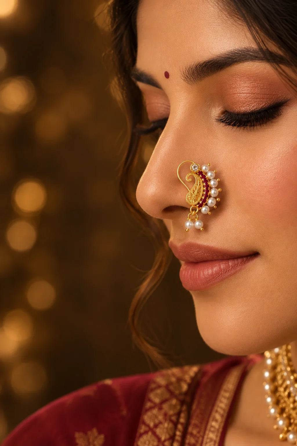 Pearl Blossom Marathi Nath - Non-Pierced Nose Pin with Pearls & Pink Stone