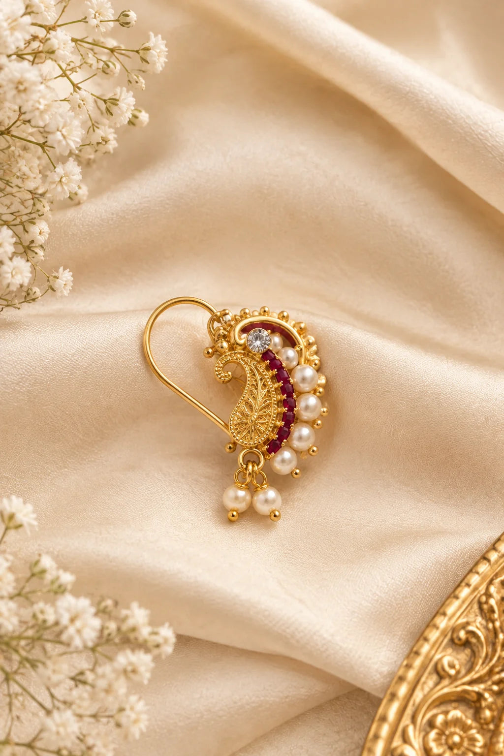 Pearl Blossom Marathi Nath - Non-Pierced Nose Pin with Pearls & Pink Stone