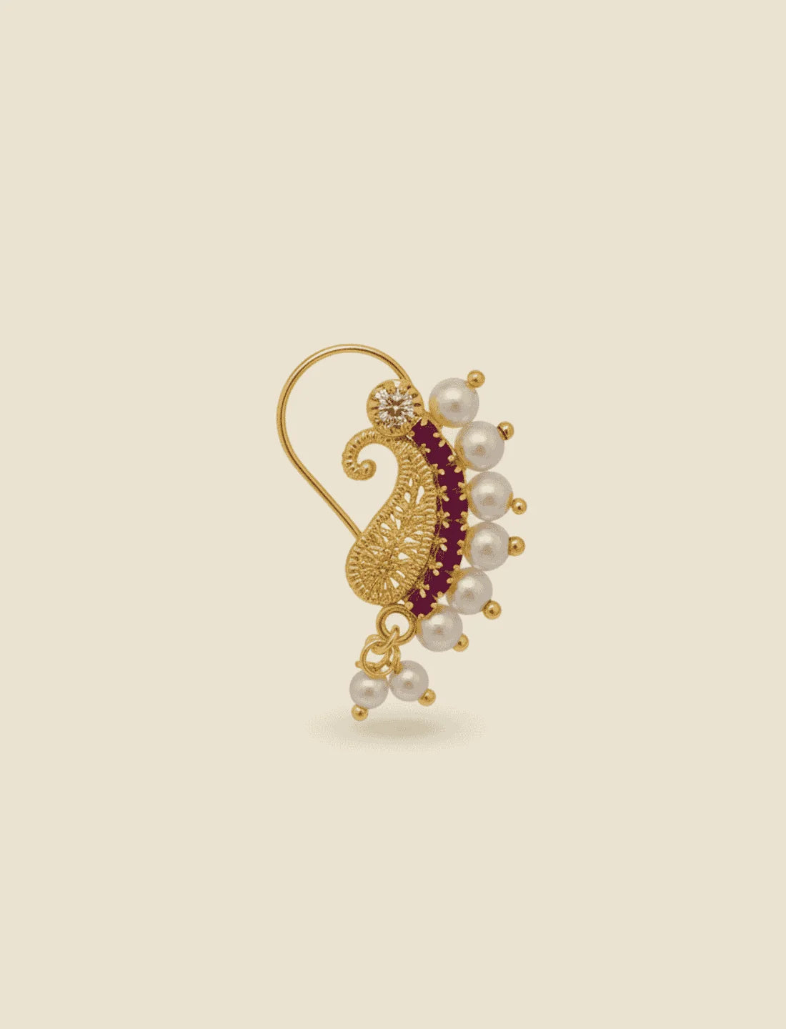 Pearl Blossom Marathi Nath - Non-Pierced Nose Pin with Pearls & Pink Stone