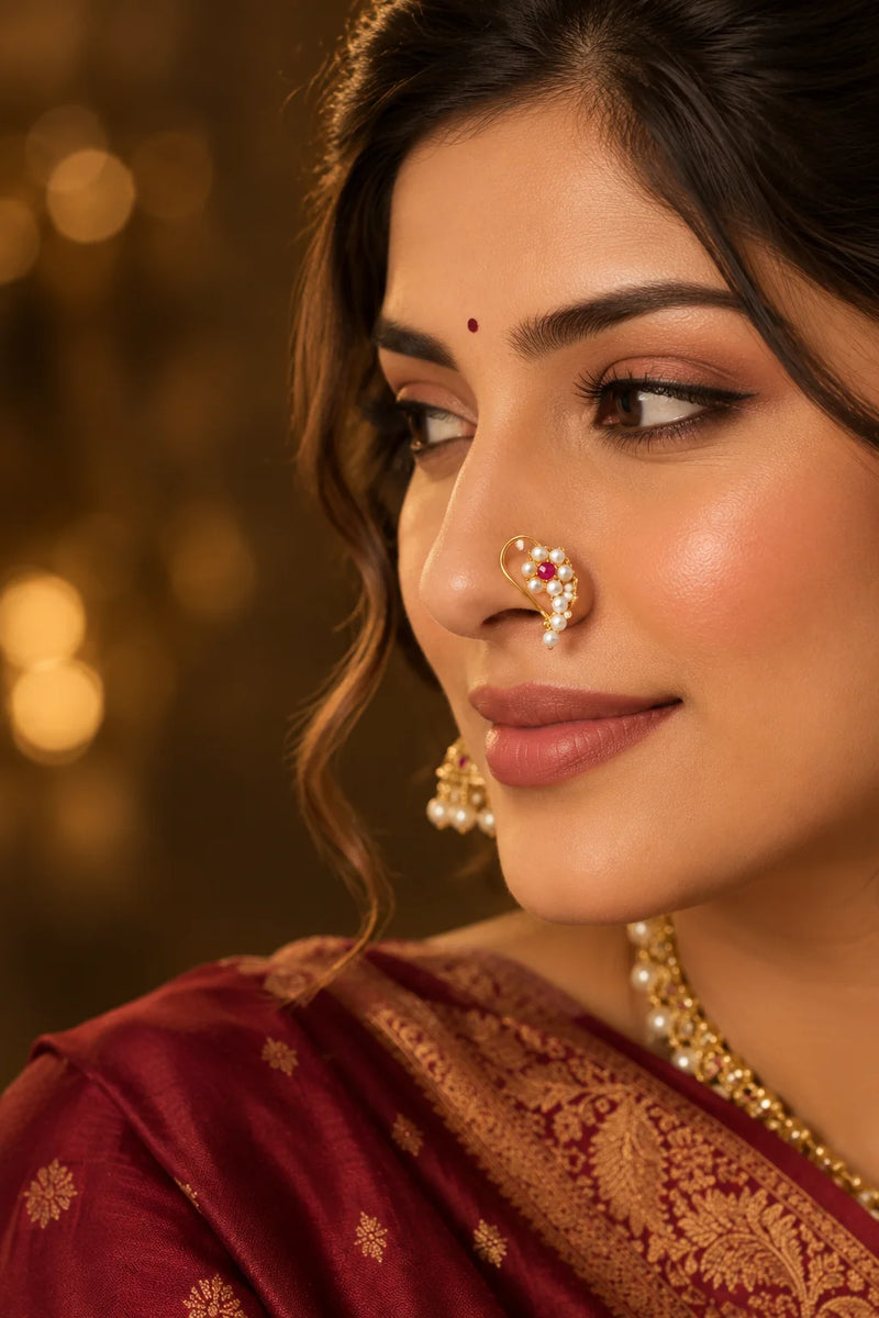 Peshwai Keri Marathi Nath - Paisley Nose Pin with Maroon Stones & Pearl Drops