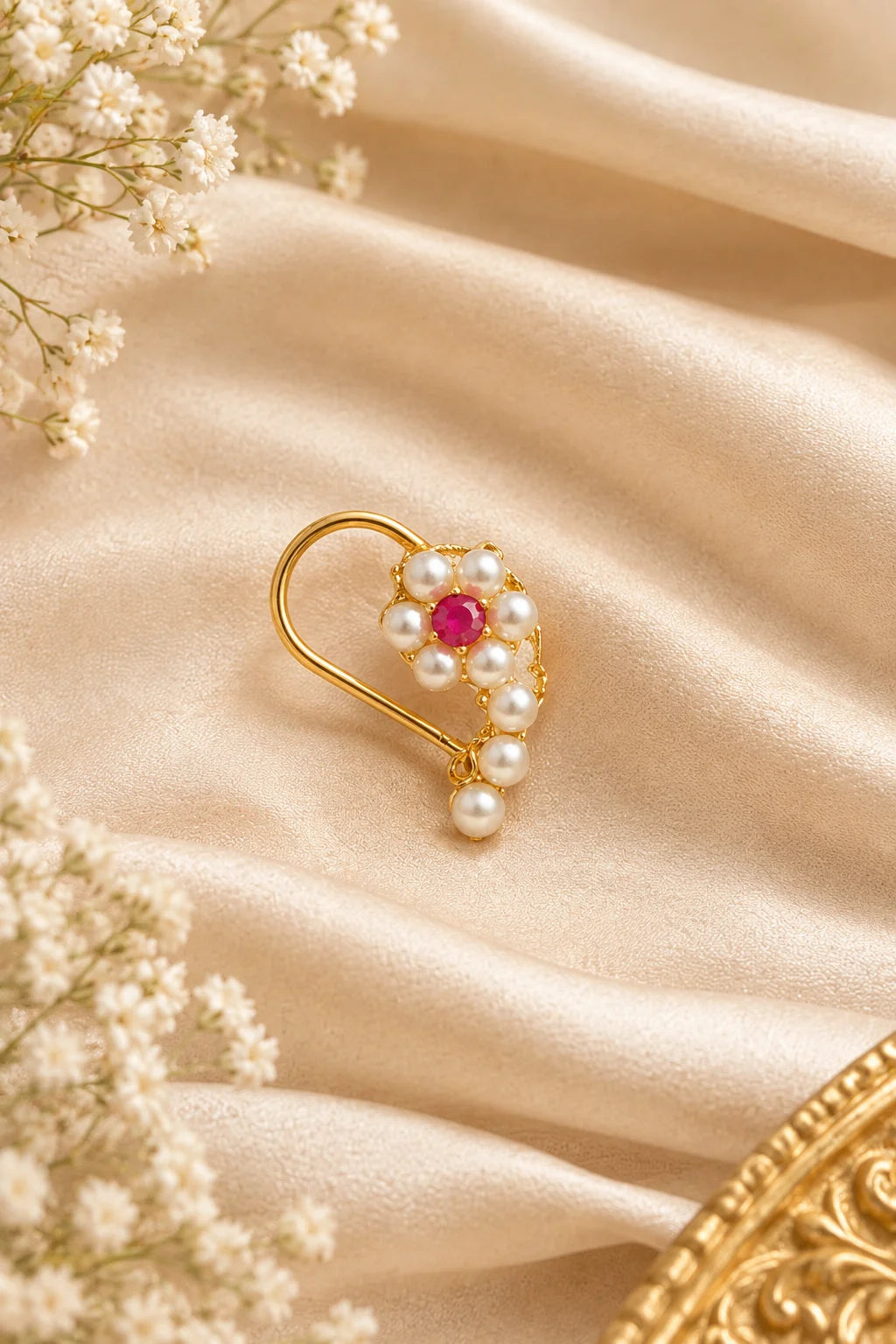 Peshwai Keri Marathi Nath - Paisley Nose Pin with Maroon Stones & Pearl Drops