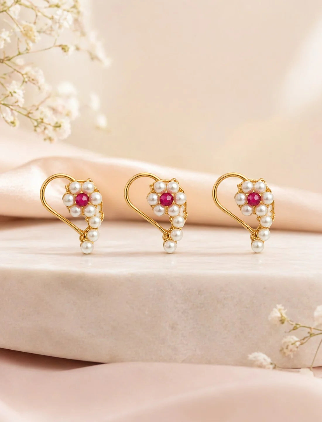 Peshwai Keri Marathi Nath - Paisley Nose Pin with Maroon Stones & Pearl Drops